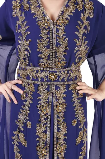 Navy Blue color Long Sleeves Handmade Moroccan KaftanEmbroidered zari work hijab