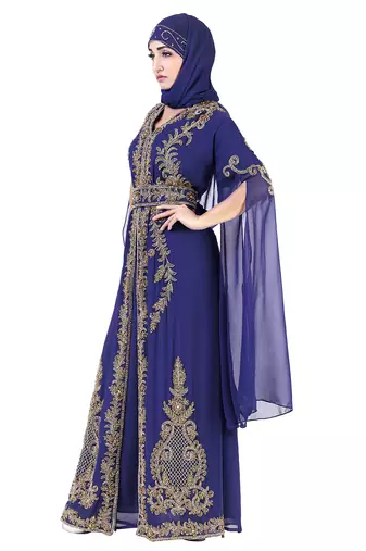 Navy Blue color Long Sleeves Handmade Moroccan KaftanEmbroidered zari work hijab