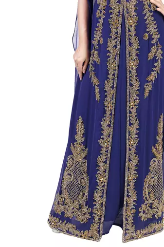 Navy Blue color Long Sleeves Handmade Moroccan KaftanEmbroidered zari work hijab