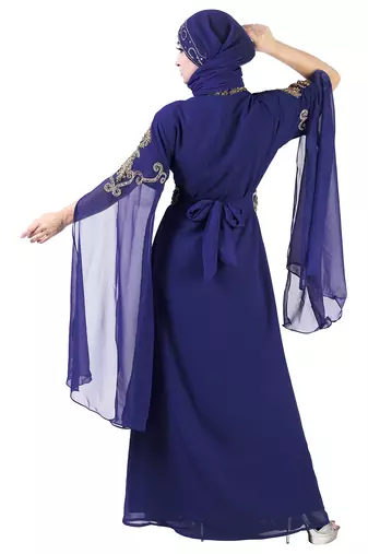Navy Blue color Long Sleeves Handmade Moroccan KaftanEmbroidered zari work hijab