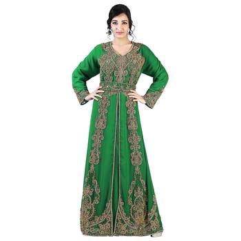 Dark green color full sleeves Handmade Moroccan Kaftan with Sun-proof hijab 1