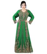 Dark green color luxurious full sleeves Handmade Moroccan Kaftan with Sun-proof hijab.