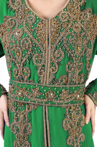 Dark green color full sleeves Handmade Moroccan Kaftan with Sun-proof hijab