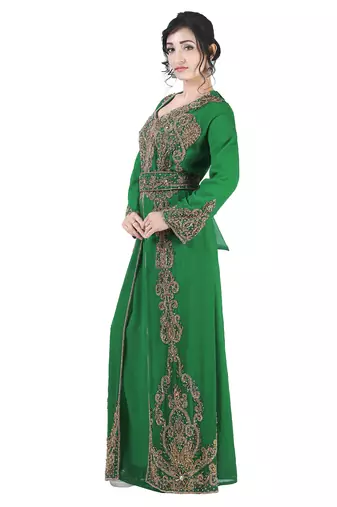 Dark green color full sleeves Handmade Moroccan Kaftan with Sun-proof hijab