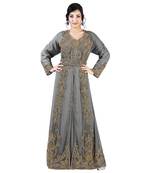 Grey color luxurious full sleeves Handmade Moroccan Kaftan with Sun-proof hiijab.