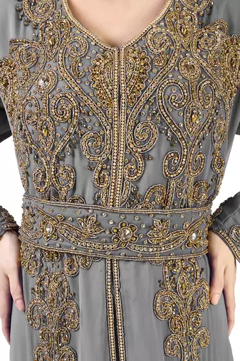 Grey color full sleeves Handmade Moroccan Kaftan with Sun-proof hiijab