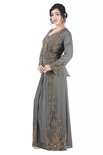 Grey color full sleeves Handmade Moroccan Kaftan with Sun-proof hiijab