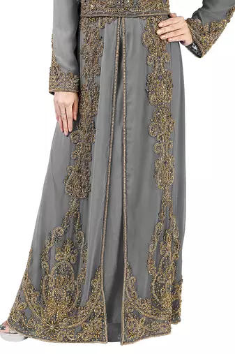 Grey color full sleeves Handmade Moroccan Kaftan with Sun-proof hiijab