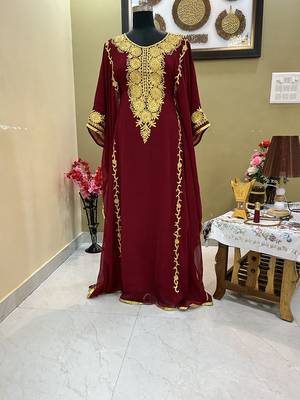 Sale Royal Moroccan Dubai Maroon Kaftan Abaya Evening Islamic Abaya Caftan Aari Stone Work Dress 1