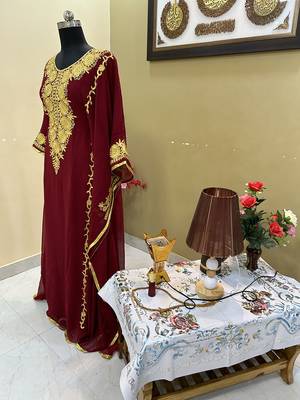 Sale Royal Moroccan Dubai Maroon Kaftan Abaya Evening Islamic Abaya Caftan Aari Stone Work Dress 2