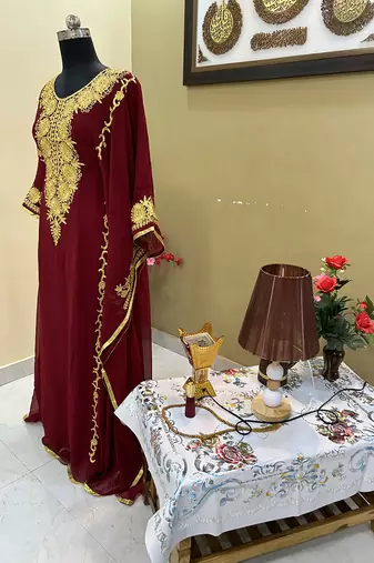Sale Royal Moroccan Dubai Maroon Kaftan Abaya Evening Islamic Abaya Caftan Aari Stone Work Dress