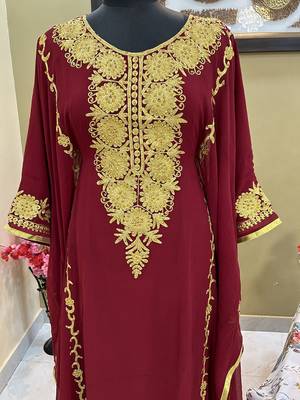 Sale Royal Moroccan Dubai Maroon Kaftan Abaya Evening Islamic Abaya Caftan Aari Stone Work Dress 3
