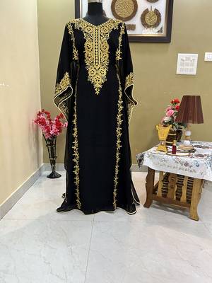 Grand Black Farasha Kaftan Gown with Heavy Gold Zari Work | Luxury Event Dress 1