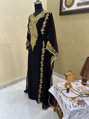Grand Black Farasha Kaftan Gown with Heavy Gold Zari Work | Luxury Event Dress 2