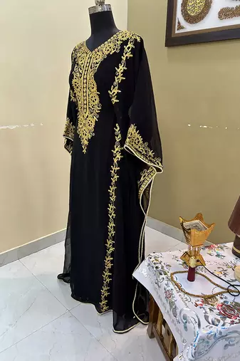 Grand Black Farasha Kaftan Gown with Heavy Gold Zari Work | Luxury Event Dress