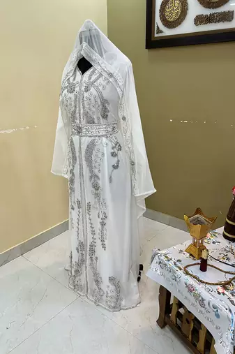 Stunning White Wedding Kaftan with Silver Bead Work