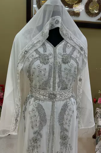 Stunning White Wedding Kaftan with Silver Bead Work
