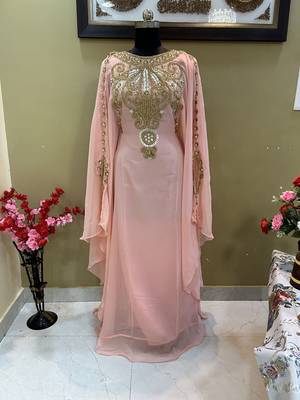 Peach Georgette Kaftan With Beads Embroidery 1