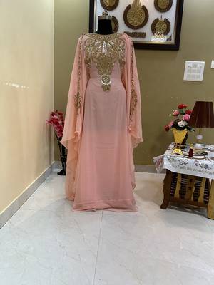Peach Georgette Kaftan With Beads Embroidery 2