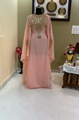 Peach Georgette Kaftan With Beads Embroidery
