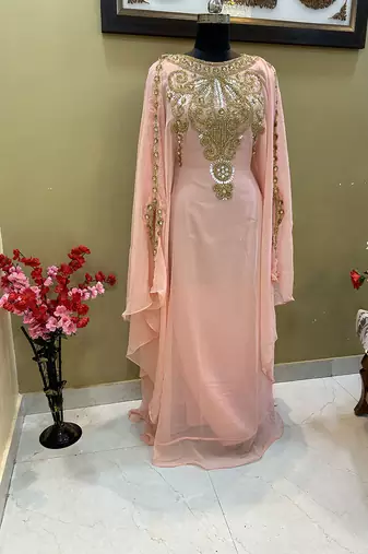 Peach Georgette Kaftan With Beads Embroidery