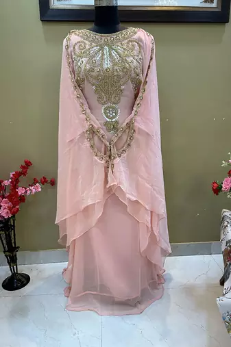 Peach Georgette Kaftan With Beads Embroidery