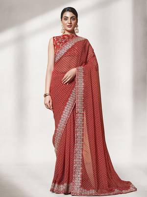 Maroon Color Georgette Fabric Bandhani Saree With Designer Lace And Blouse 1