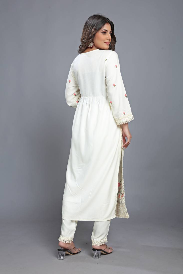  Off-white color Launching New Designer Party Wear Look Fancy Nyra cut Pleated Style Top-Dupatta and Bottom