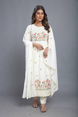  Off-white color Launching New Designer Party Wear Look Fancy Nyra cut Pleated Style Top-Dupatta and Bottom 1