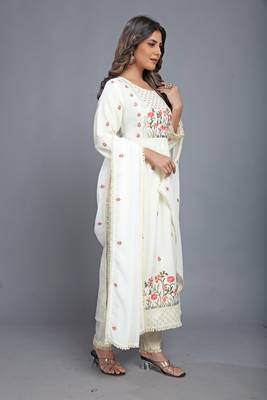  Off-white color Launching New Designer Party Wear Look Fancy Nyra cut Pleated Style Top-Dupatta and Bottom 4