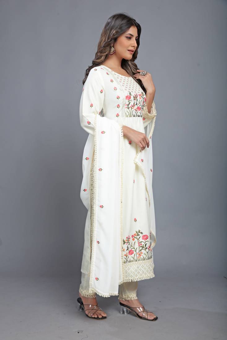  Off-white color Launching New Designer Party Wear Look Fancy Nyra cut Pleated Style Top-Dupatta and Bottom