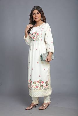  Off-white color Launching New Designer Party Wear Look Fancy Nyra cut Pleated Style Top-Dupatta and Bottom 5