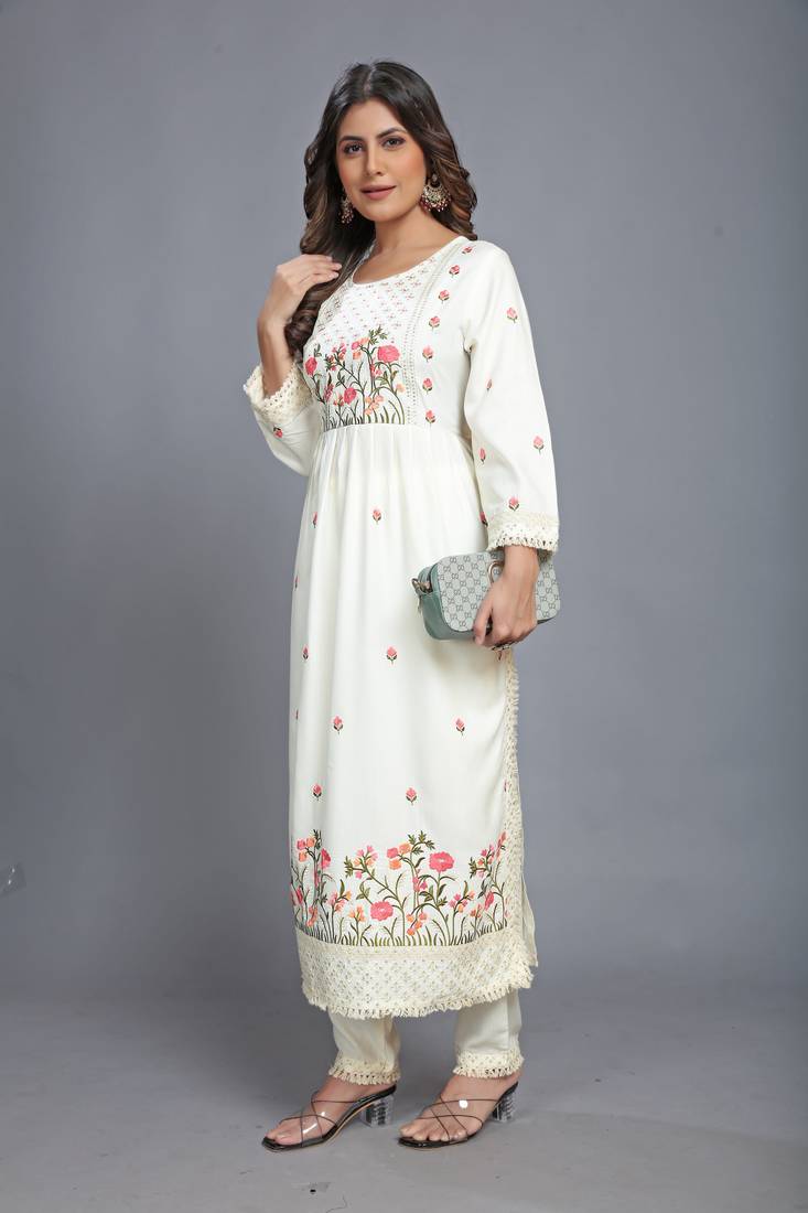  Off-white color Launching New Designer Party Wear Look Fancy Nyra cut Pleated Style Top-Dupatta and Bottom