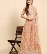 Peach Sequience Embroidery Work Net Fabric Flared Lehenga Choli With Dupatta Semi Stitched.