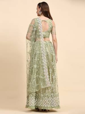 OliveGreen Sequience Embroidery Work Net Fabric Flared Lehenga Choli With Dupatta Semi Stitched. 2
