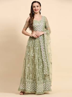 OliveGreen Sequience Embroidery Work Net Fabric Flared Lehenga Choli With Dupatta Semi Stitched. 5