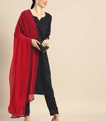 Women's rayon block_print Black Casual & Stylist Straight Kurta with Pant & Red Lace border design Dupatta