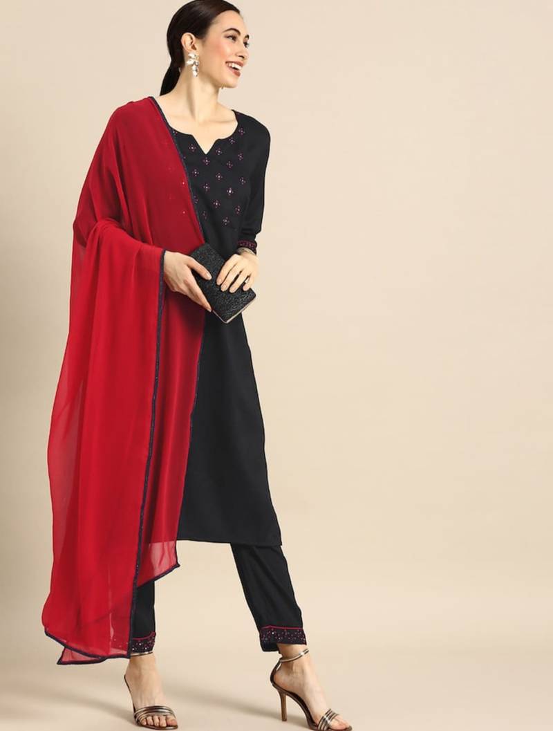 Women's rayon block_print Black Casual & Stylist Straight Kurta with Pant & Red Lace border design Dupatta