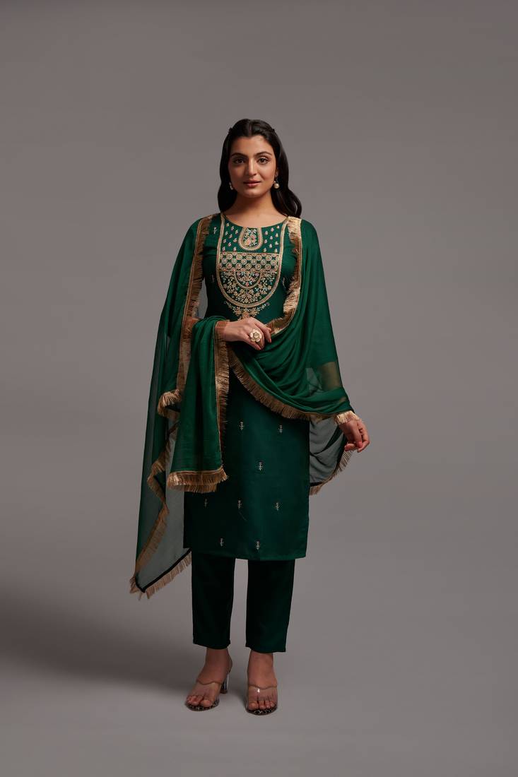  Green Viscose rayon Fabric Straight  Floral Embroidered Kurta With Trousers & Dupatta set for women's & girls