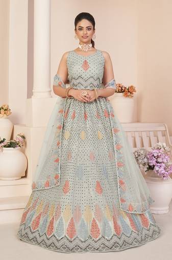 Fusionic grey embroidered net lehenga-choli with blouse