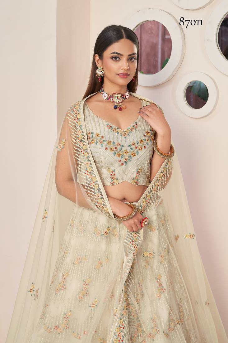 Fusionic white embroidered net lehenga-choli with blouse