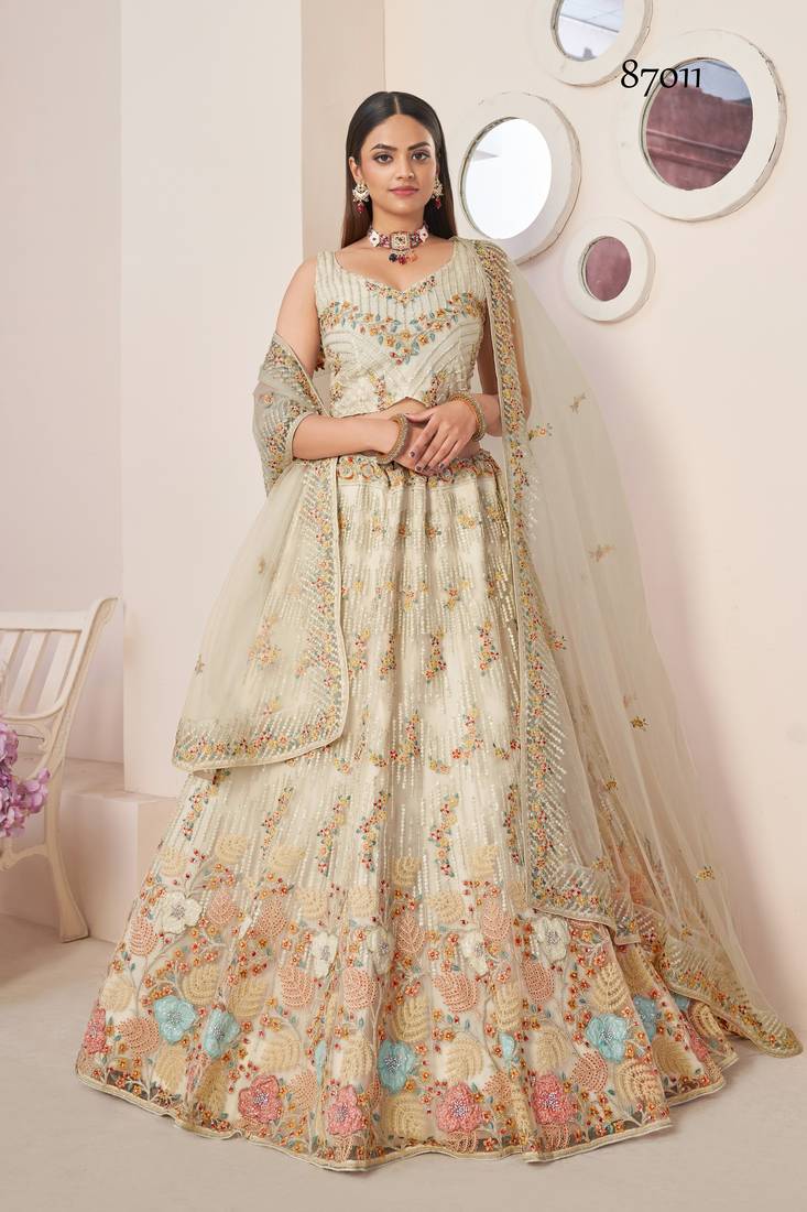 Fusionic white embroidered net lehenga-choli with blouse