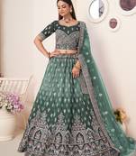 Fusionic green embroidered satin lehenga-choli with blouse
