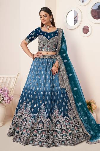 Fusionic blue embroidered satin lehenga-choli with blouse