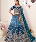 Fusionic blue embroidered satin lehenga-choli with blouse