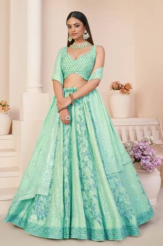 Fusionic turquoise embroidered georgette lehenga-choli with blouse
