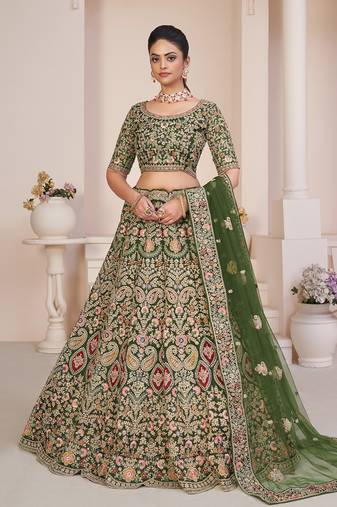 Fusionic green embroidered net lehenga-choli with blouse