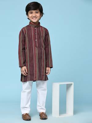 Maroon printed cotton printed kurta pajama set for boys ethnic wear 1