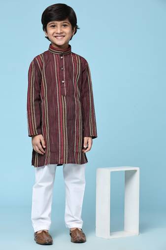 Maroon printed cotton printed kurta pajama set for boys ethnic wear