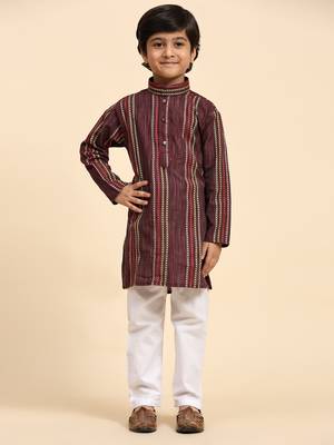 Maroon printed cotton printed kurta pajama set for boys ethnic wear 2